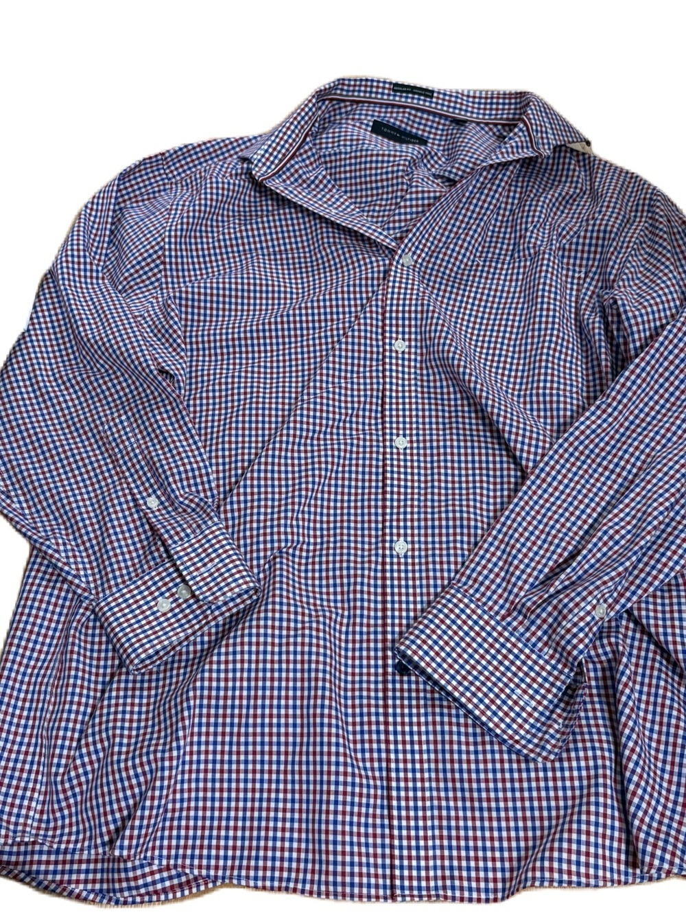 Tommy Hilfiger Men's Red White Blue Checkered Dress Shirt Sz 17 32/33 XL Button